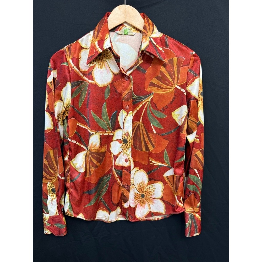 Vintage 70s Sears JR Bazaar Tropical Floral Dagger Collar Top Small / Vintage L